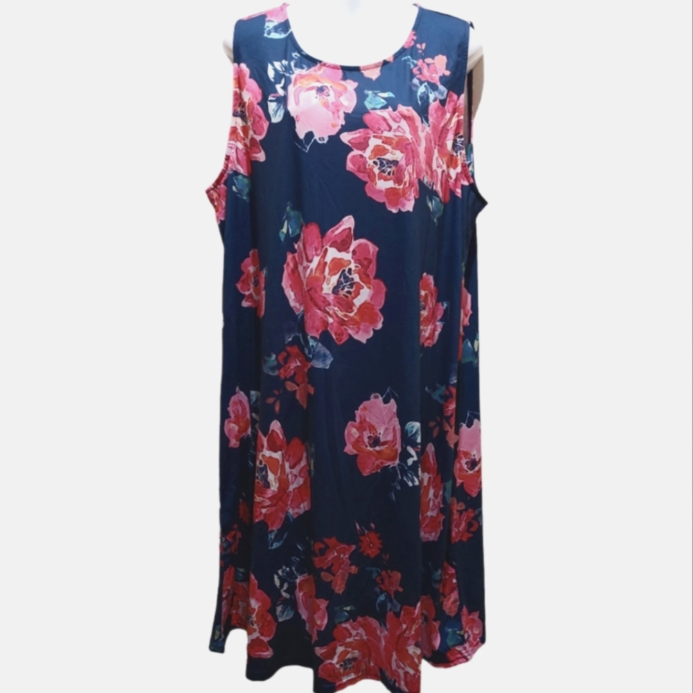 AMZ PLUS  Summer Dress, Boho Dress Sleeveless Pink Floral Print Flare Dress, 4XL